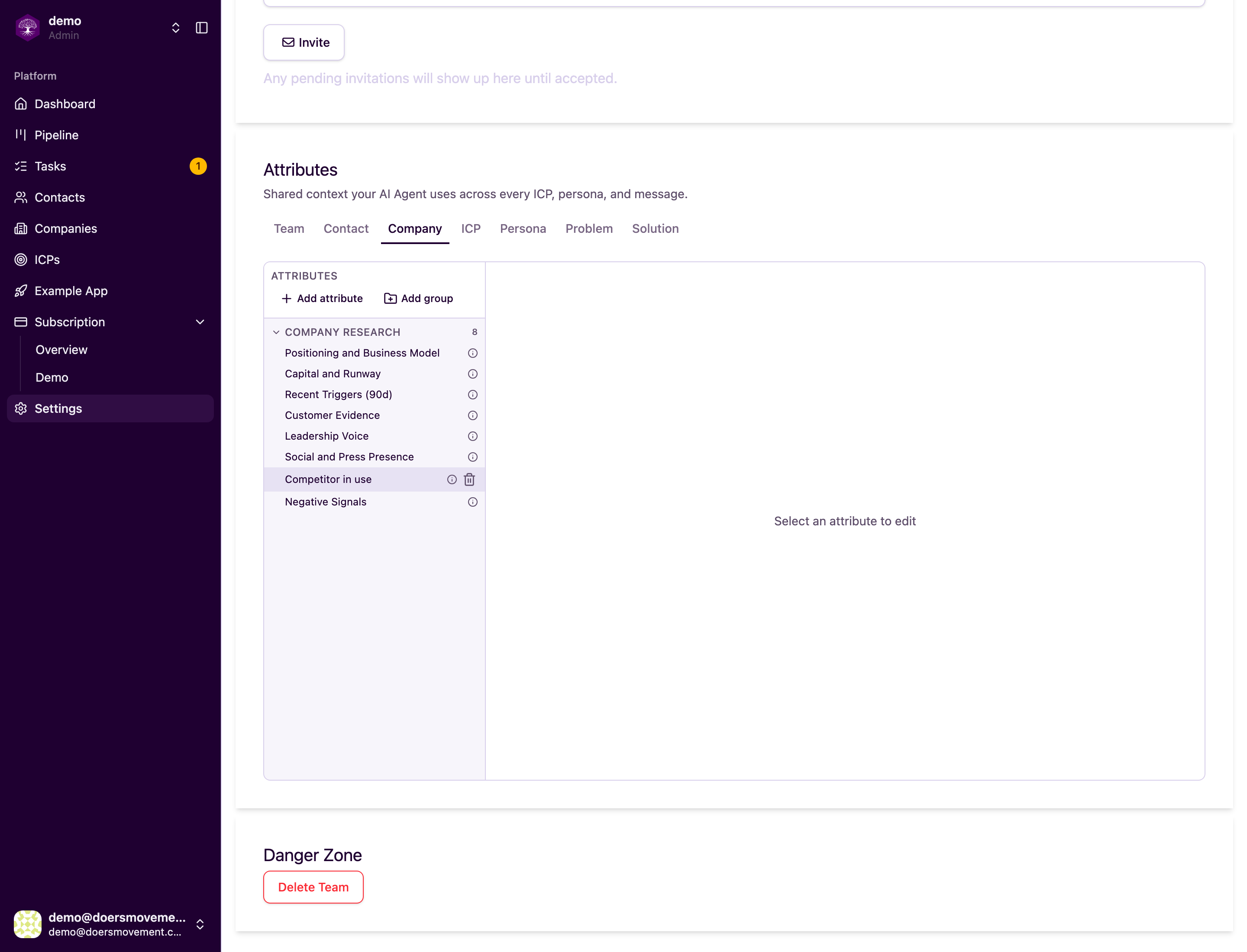 The Attributes panel in Team settings, with a tab per record type