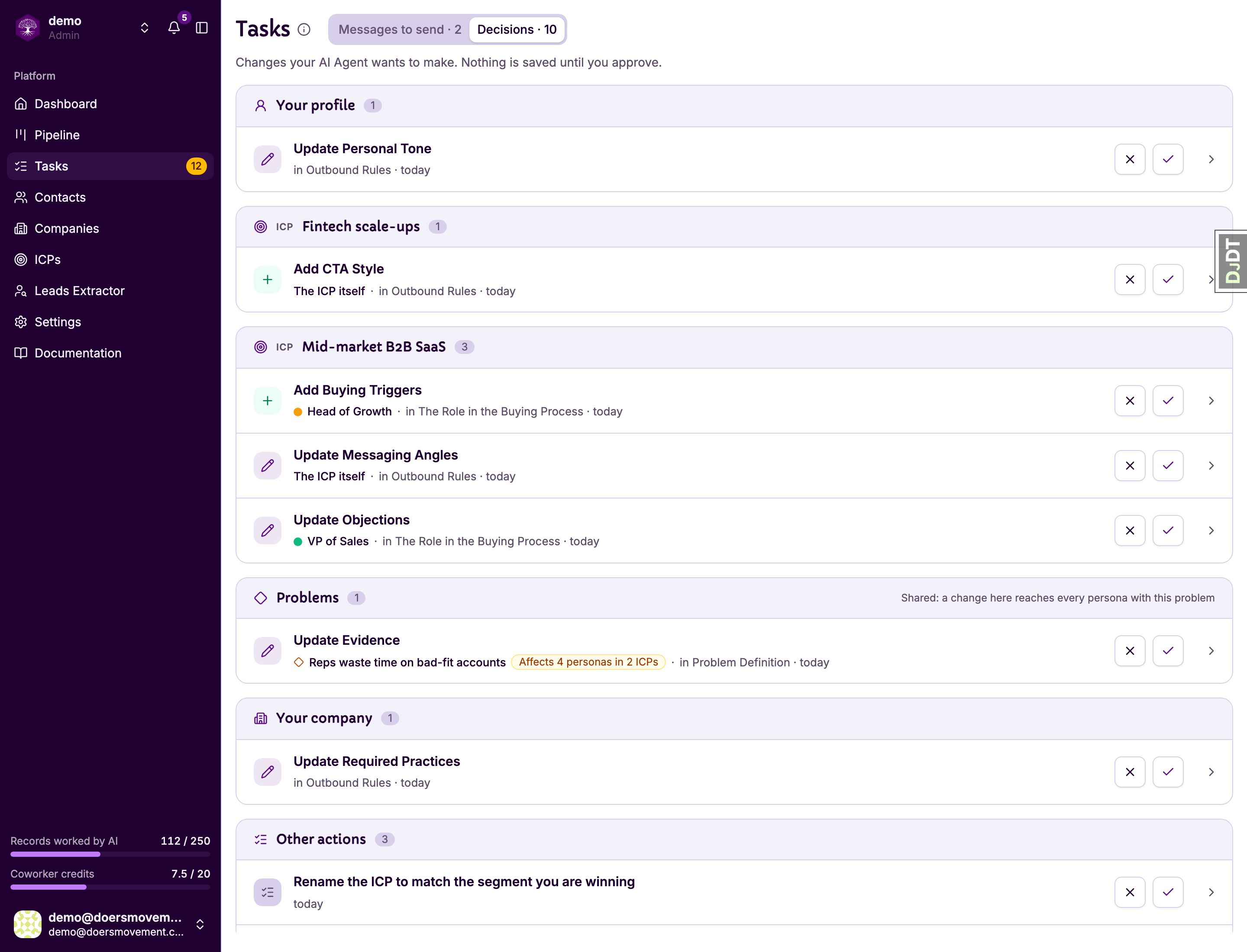The Decisions tab, grouped by where each change lands