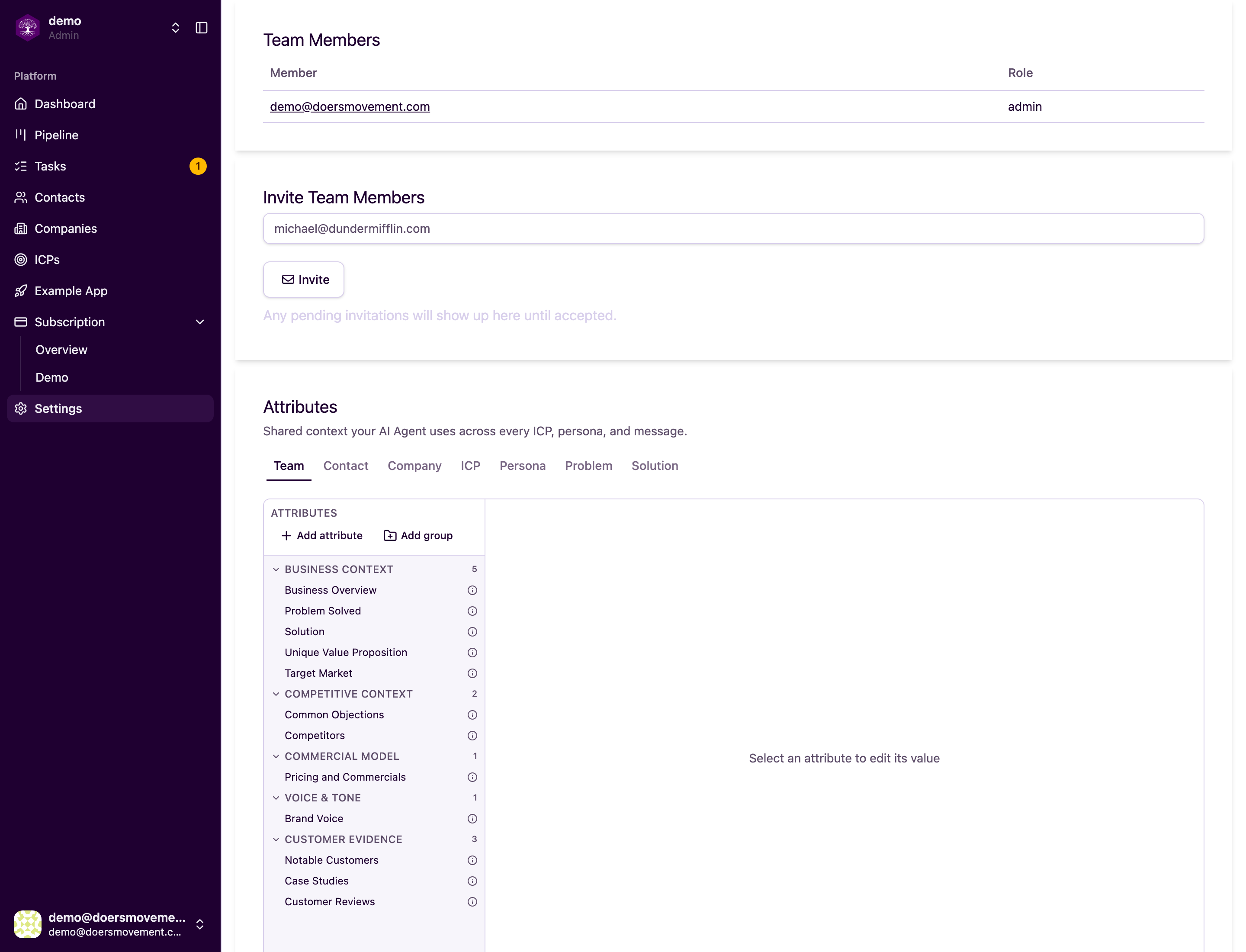 The Team settings members list, with roles and pending invites