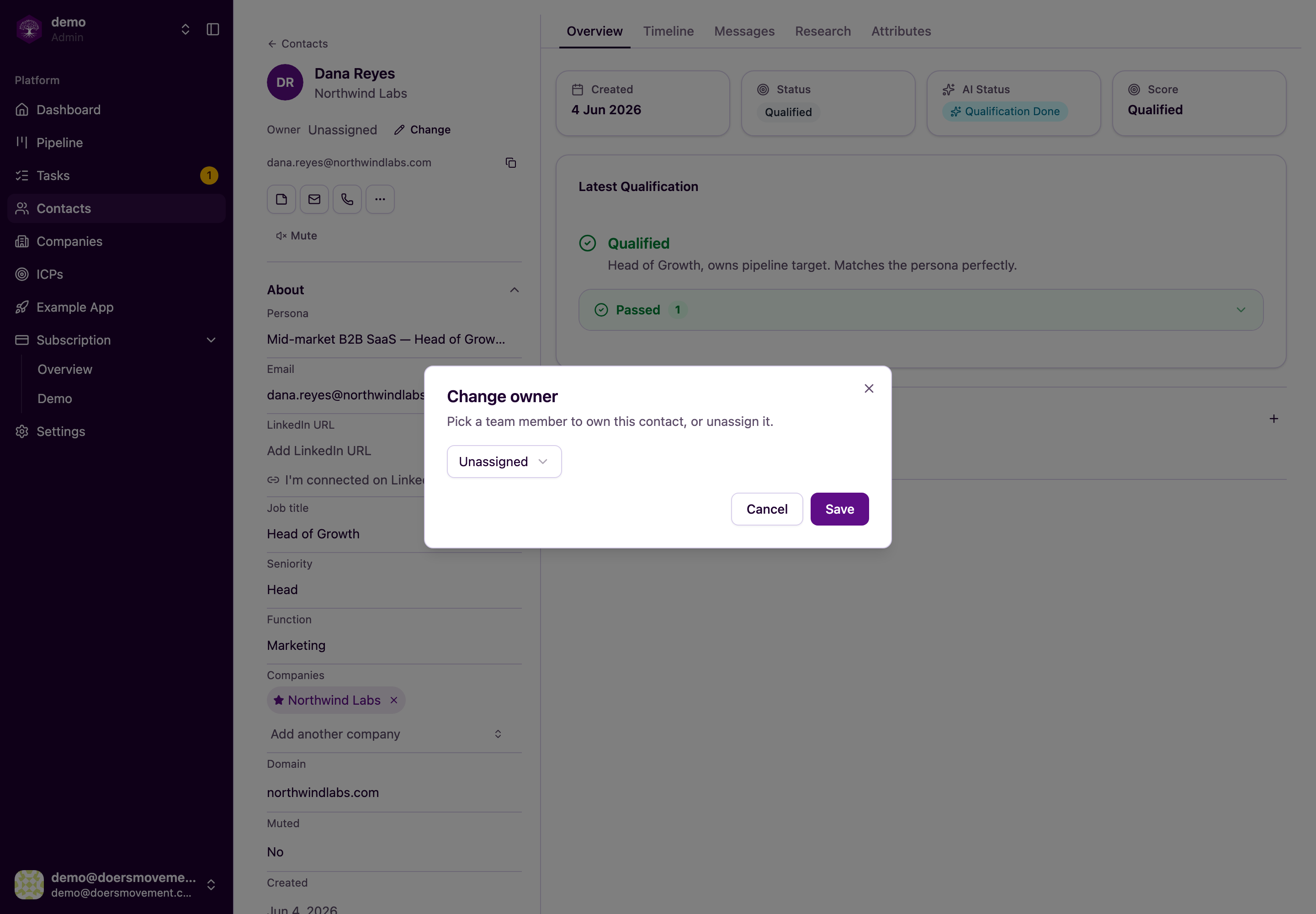 Assigning an owner to a contact (admins only)